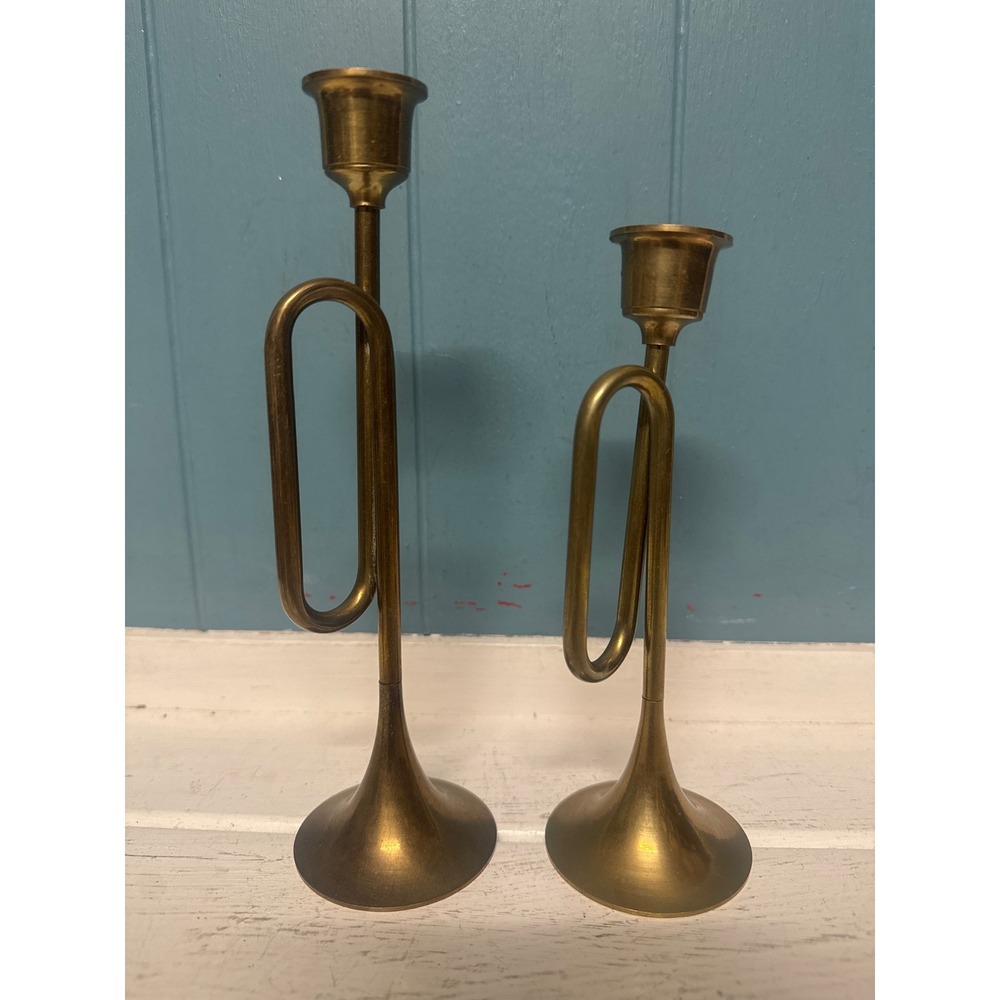 Vintage Solid Brass Trumpet Bugle Candlestick Holders Set of 2 made in Taiwan